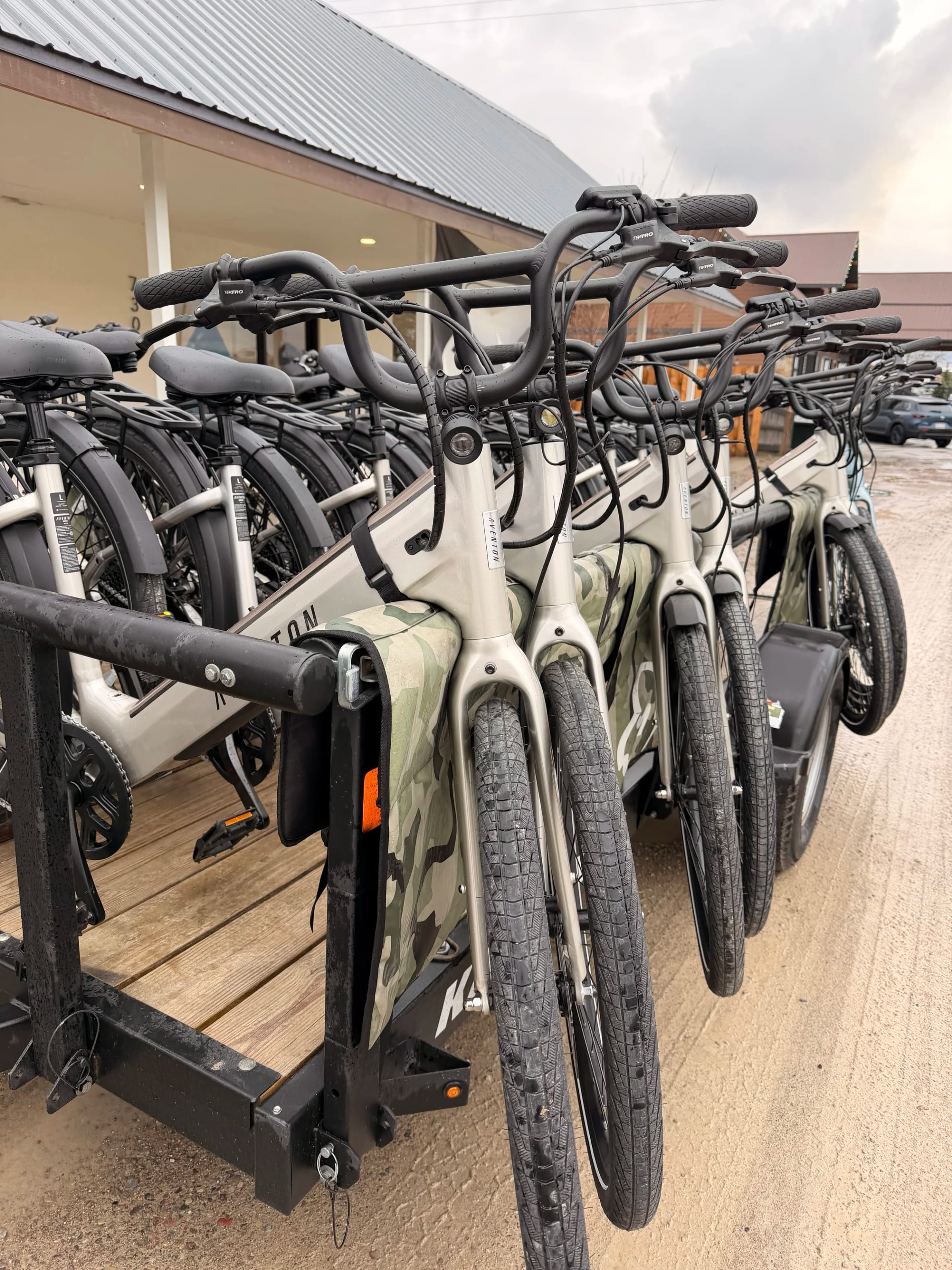 Rental e-bikes lined up and ready at the shop