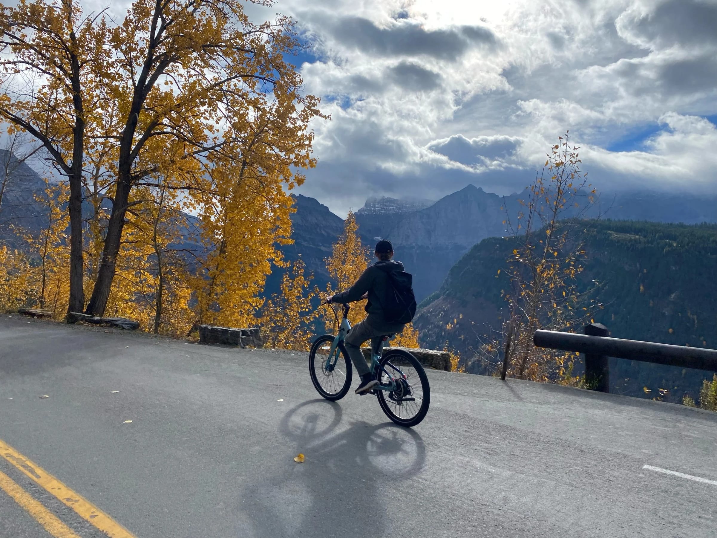 A rider on an e-bike passing yellow larches on Going-to-the-Sun Road