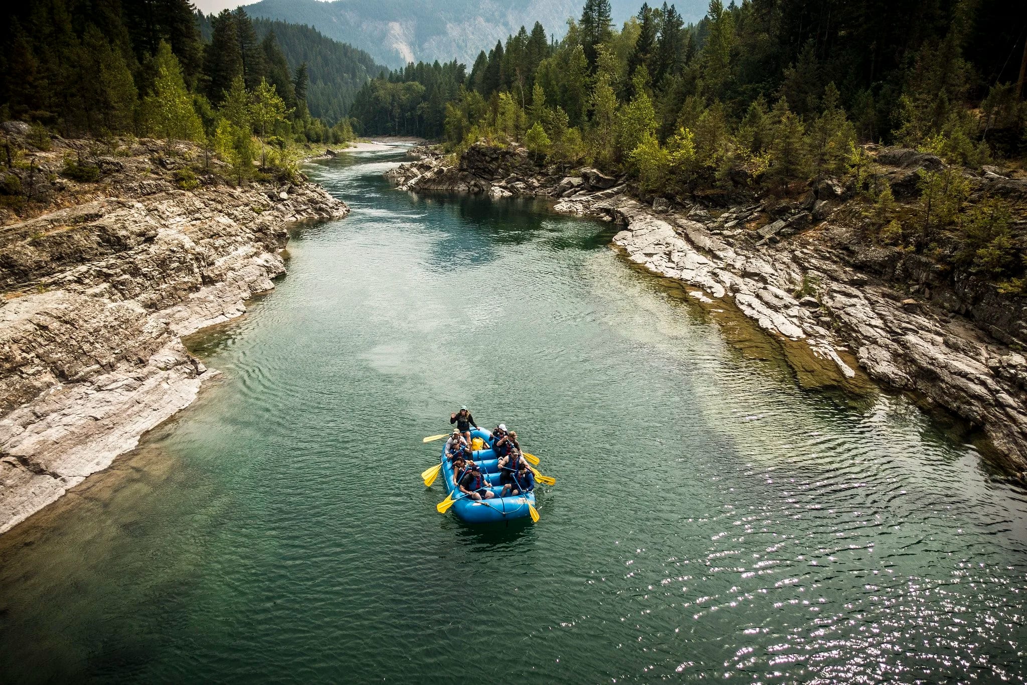 A raft on the river seen from above